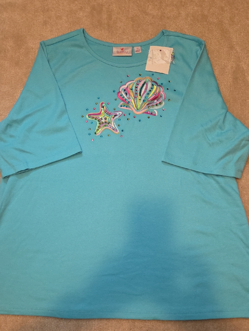 Women's Turquoise Shell & Star Embellished Tee